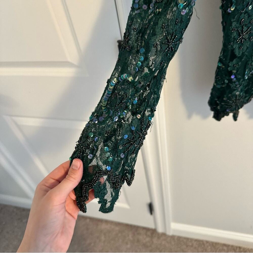 Vintage Laurence Kazar Green Beaded Sequin Shirt and Skirt Set PL - Picture 11 of 16